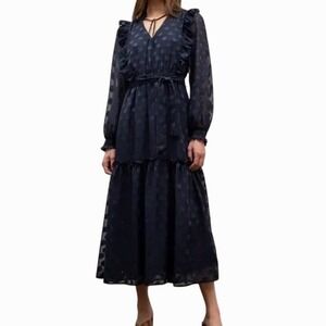 Moon River Navy Polka Dot Midi Dress Small Sheer Long Sleeve Ruffle Tie Belt